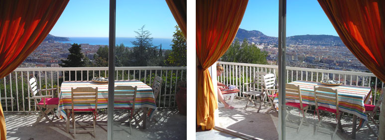 Het terras behorende bij het vakantiehuis in Nice