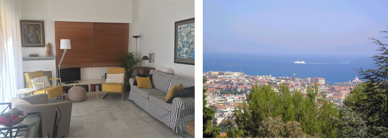 Het uitzicht en de woonkamer van het appartement in Nice